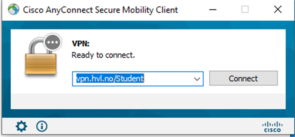 Cisco-vindu med «vpn.hvl.no/Student» og Connect-knapp