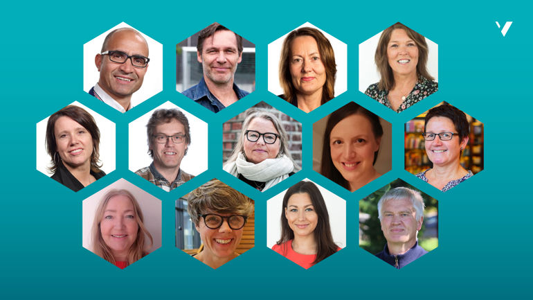 Ein collage av dei nye meritterte undervisarane ved HVL, lagd over ein turkis bakgrunn med V-en i HVL-logoen plassert oppe til høgre.