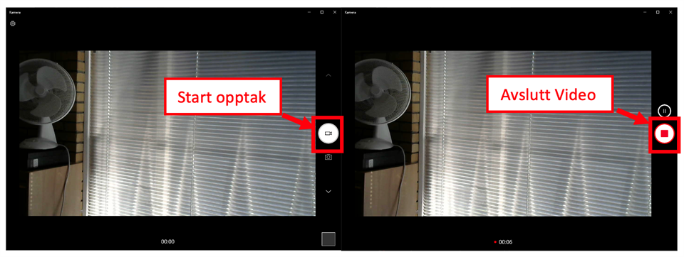 To skjermbilder markerer hvor man starter og avslutter opptak.