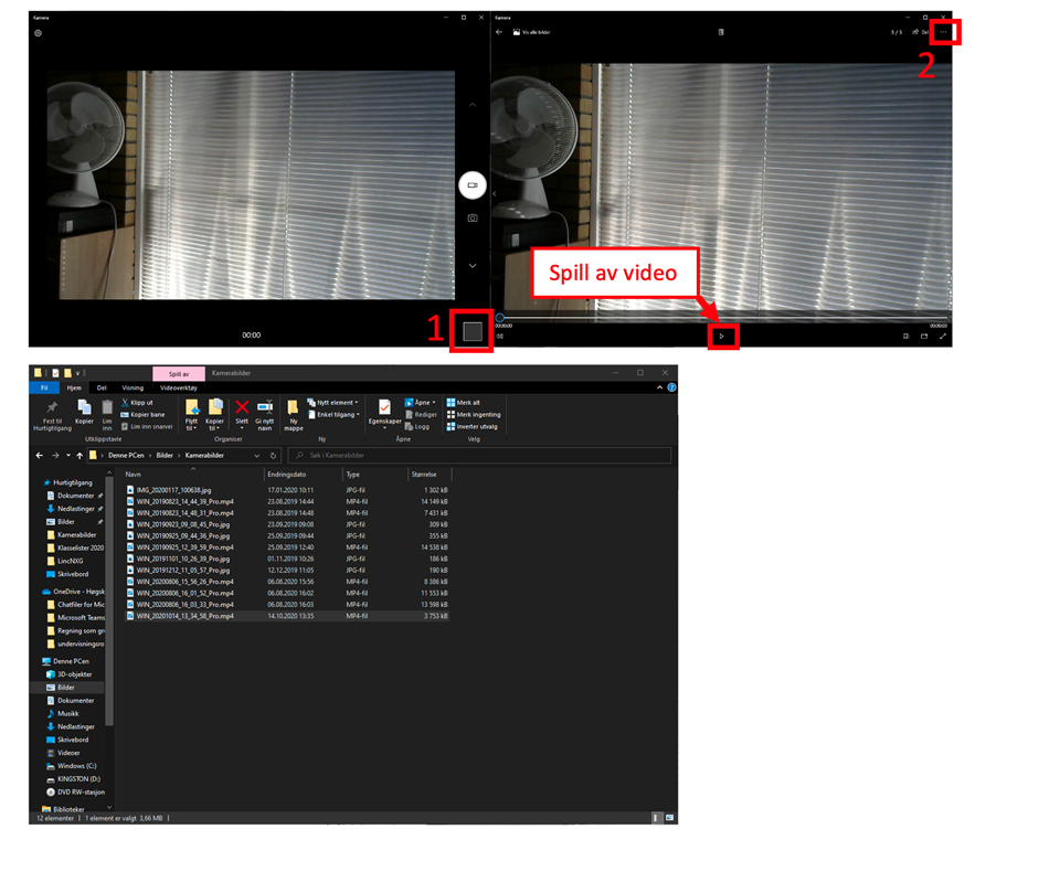 Et 1-tall nede på skjermen viser hvor man klikker for å spille av video. Et 2-tall oppe på skjermen viser hvor man klikker for å åpne mappen. Et annet skjermbilde viser mappestrukturen.