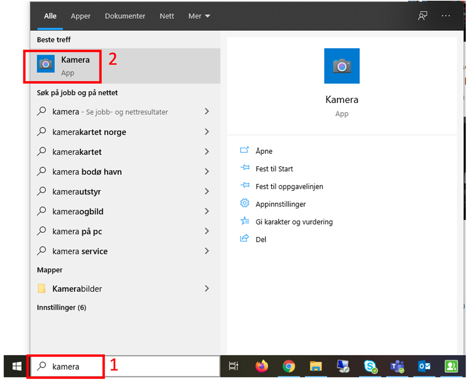 Nederst i bildet er søket «kamera» markert med et 1-tall. Øverst i bildet er appen «Kamera» markert med et 2-tall.