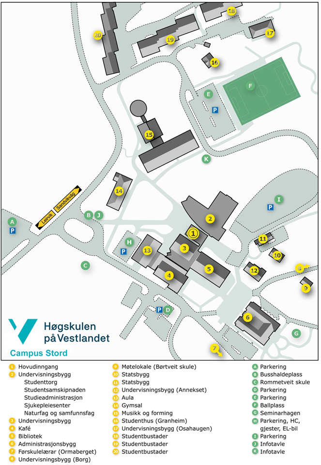 Eit teikna oversiktskart over campus Stord på Rommetveit. 