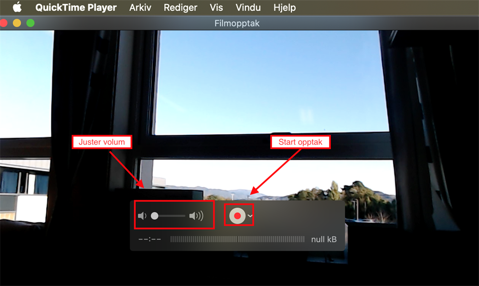 Skjermbilder som viser hvor man kan justere lyd, og starte og stoppe opptak.