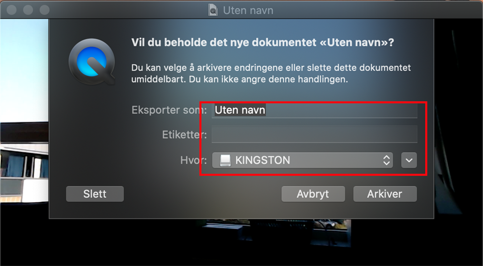 Dialogboks som spør om du vil beholde det nye dokumentet «Uten navn», og viser hvor du kan gi filen navn.