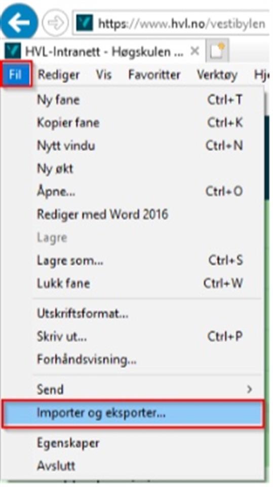 Skjermbilde, der fanen «Fil» er markert, sammen med valget «Importer og eksporter...».