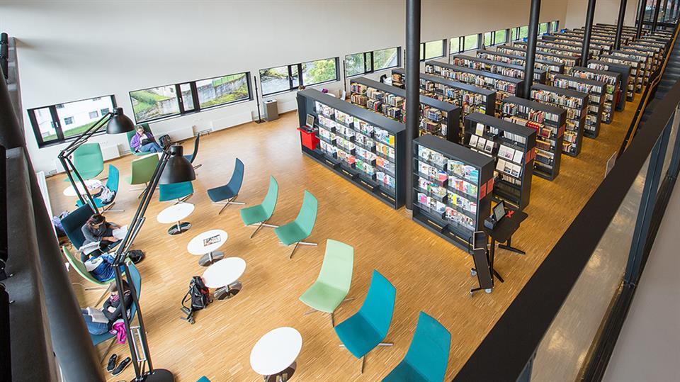 Studenter som sitter og leser i biblioteket ved campus Sogndal. Foto: Falkeblikk.   