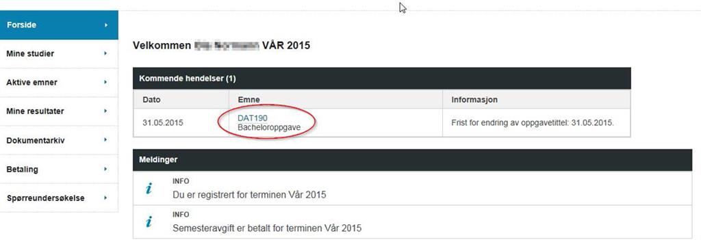 Skjermbilde fra Studentweb