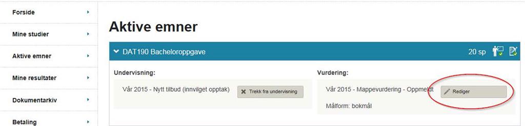 Skjermbilde fra Studentweb