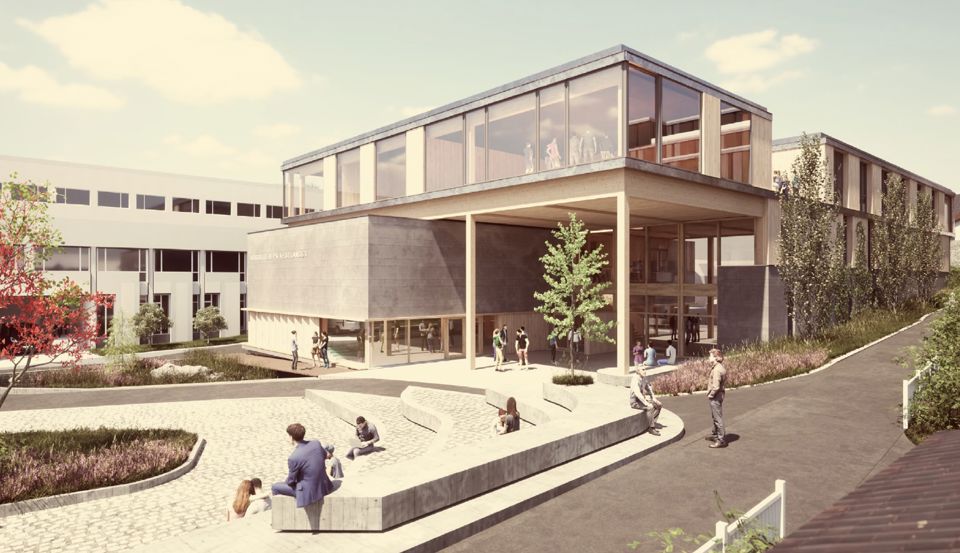 Illustrasjon som viser hvordan det nye bygget i Haugesund skal se ut. Bygget har tre etasjer, med store vinduer i øverste etasje.