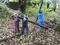 Children are lifting a tree trunk